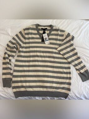 Kenneth Cole New York Men's V-Neck Striped Sweater - Gray & Cream